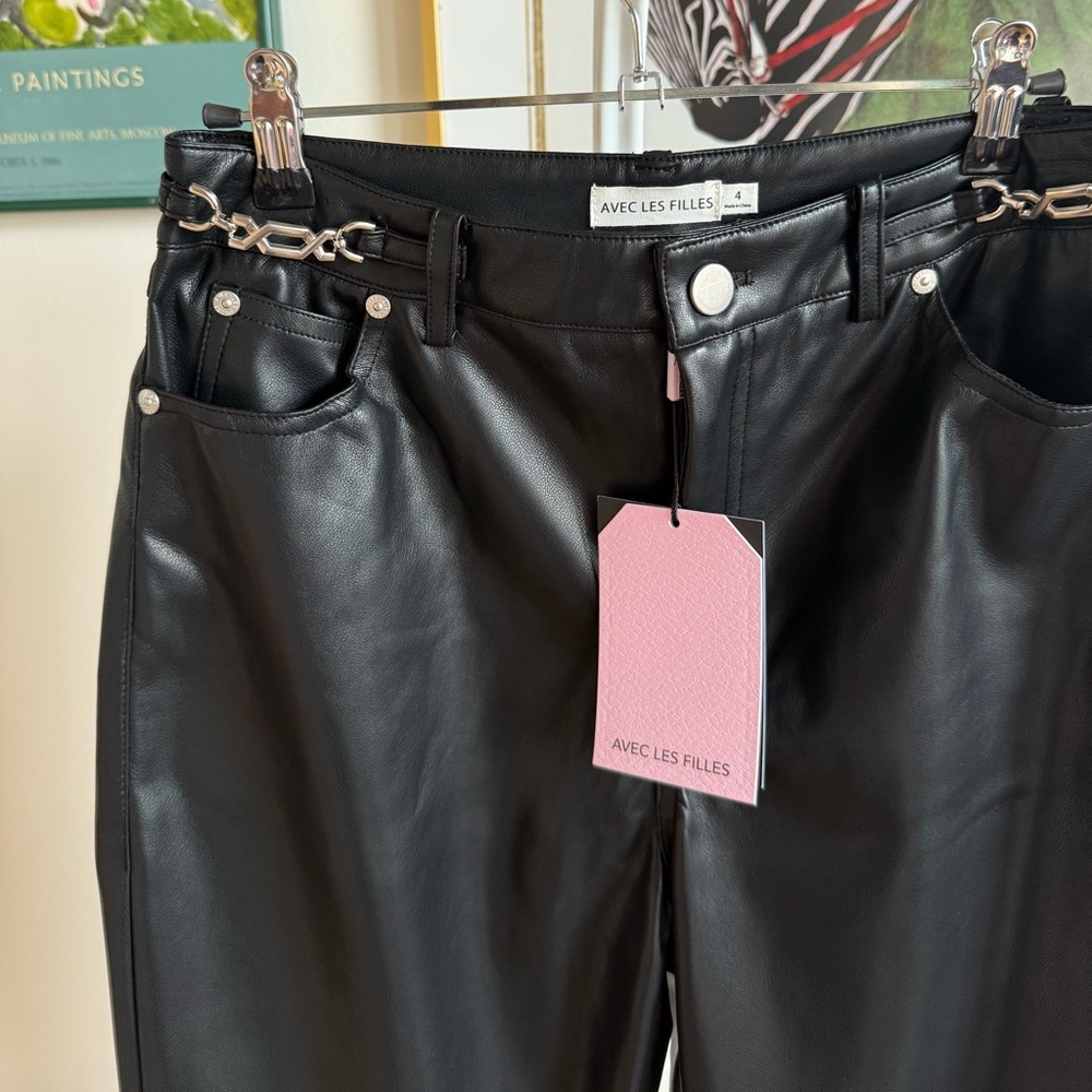 Avec Les Filles Black Faux Leather Straight Leg Pants with Chain Accent